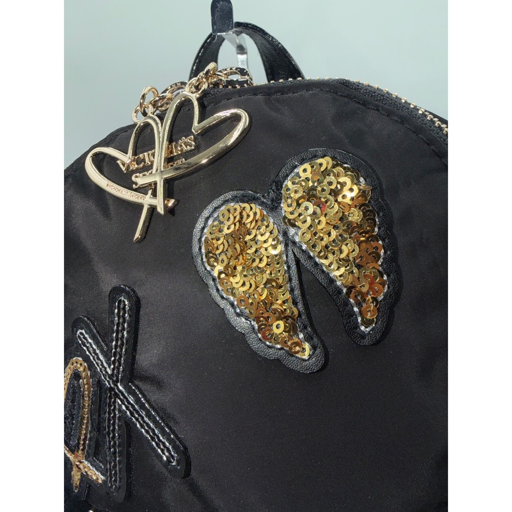 Victoria's Secret Mini Backpack Black Nylon Sequin Angel WingsXO Lips Heart Logo - Picture 5 of 11